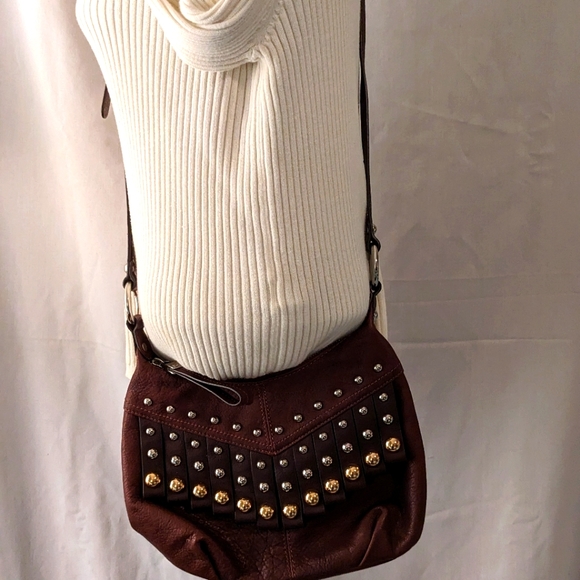 Makowsky Brown Studded Wide Fringe Crossbody Bag - Picture 5 of 7